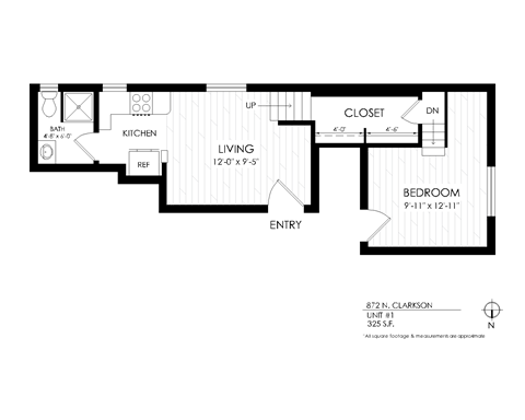 Floor plan for 1 bed, 1 bath, 325 sqft